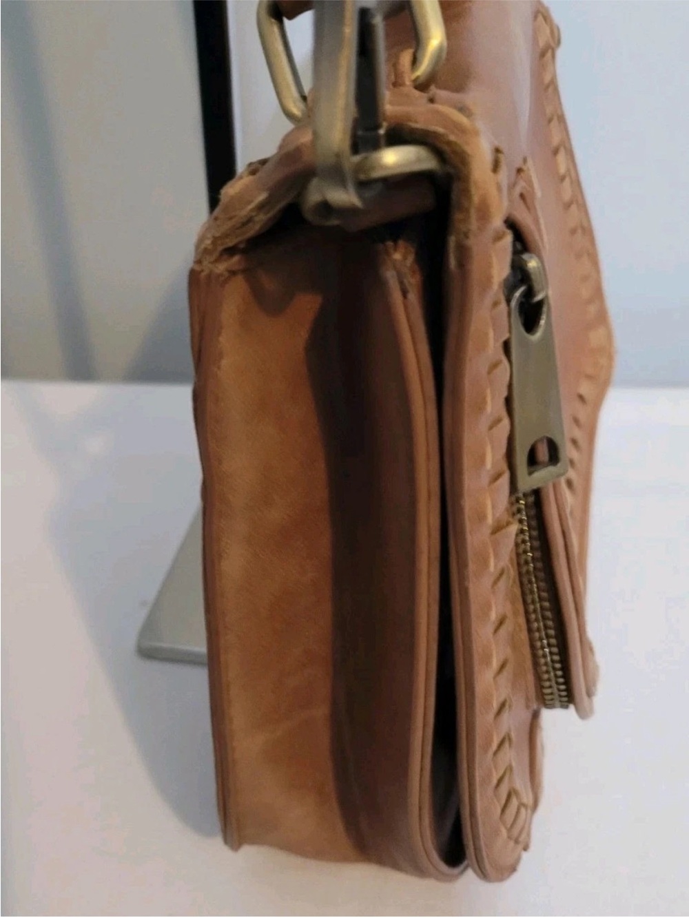 Altar’d State Satchel Crossbody Bag Brown Whipstitch Faux Leather Shoulder Purse - Picture 5 of 12